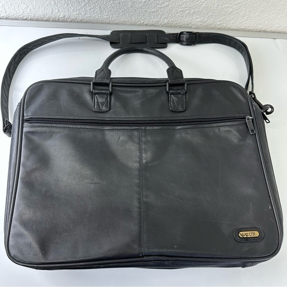 SATCHI genuine black leather messenger bag unisex academia - Picture 1 of 16
